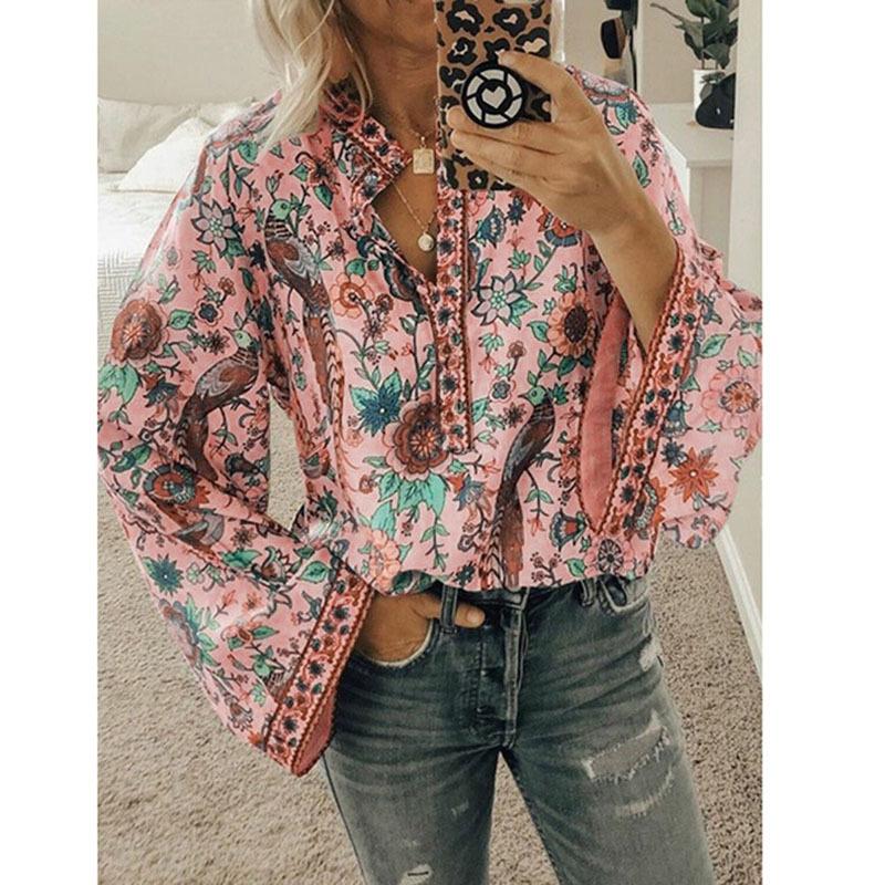 Spring Autumn Print Aesthetic Loose Casual Shirt Women Long Sleeve Vintage All Match Lady Blouse Sweet Fashion