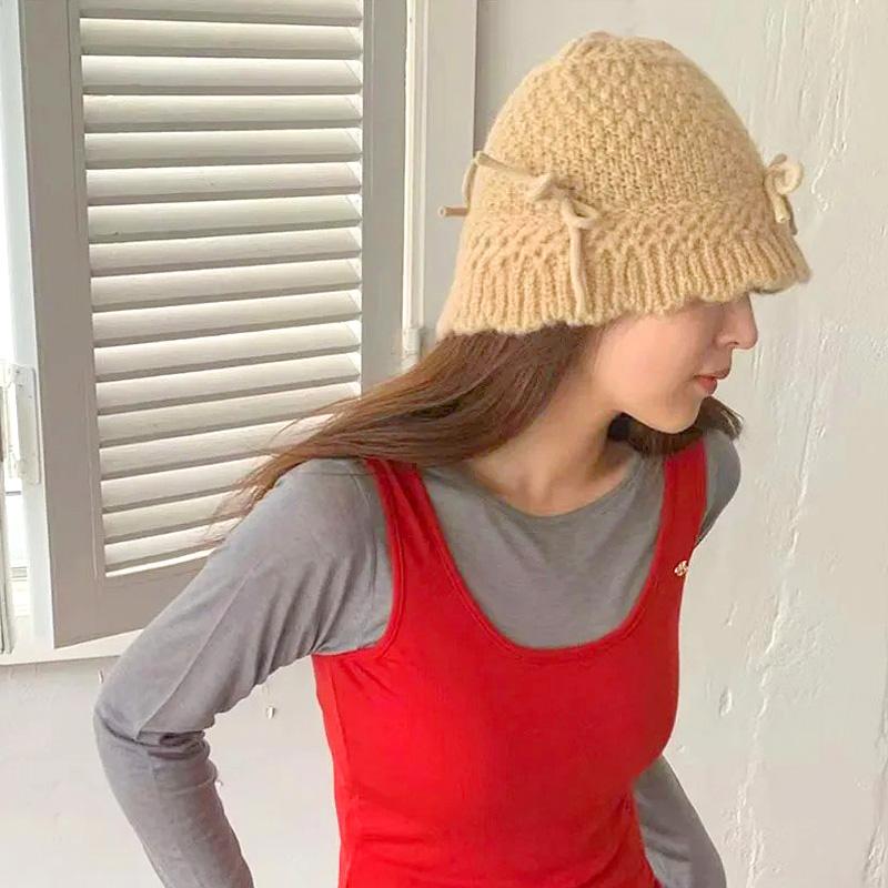 

1 шт., универсальная однотонная теплая вязаная шапка с бантом, женская рыбацкая шапка, повседневная милая