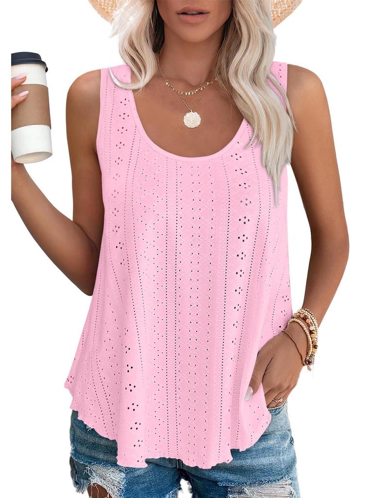 European & American Women's Summer Crew Neck Eyelet Sleeveless Tank Top T-Shirt