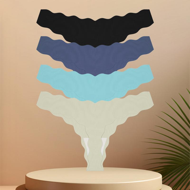 4 Stück Nahtlose Damen-Tangas Sexy Eisseide Wellengürtel Höschen Niedrige Taille Unsichtbarer G-String Dehnbarer T-Rücken Atmungsaktive Lingerie