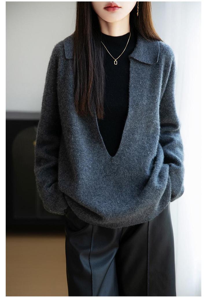 2025 Autumn/Winter Women's Pure Wool V-Neck Knit Polo - Casual Loose Pullover