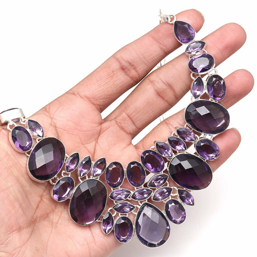 Necklace Amethyst Quartz Gemstone Handmade Ethnic Silver Jewelry 18-20''