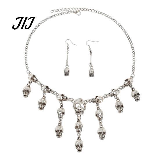 Alloy Necklace Set Halloween Skull Jewelry for Women, Tassel & Spooky Theme Dangle Earrings, Punk Gothic Accessories Costume Party Dark Aesthetic