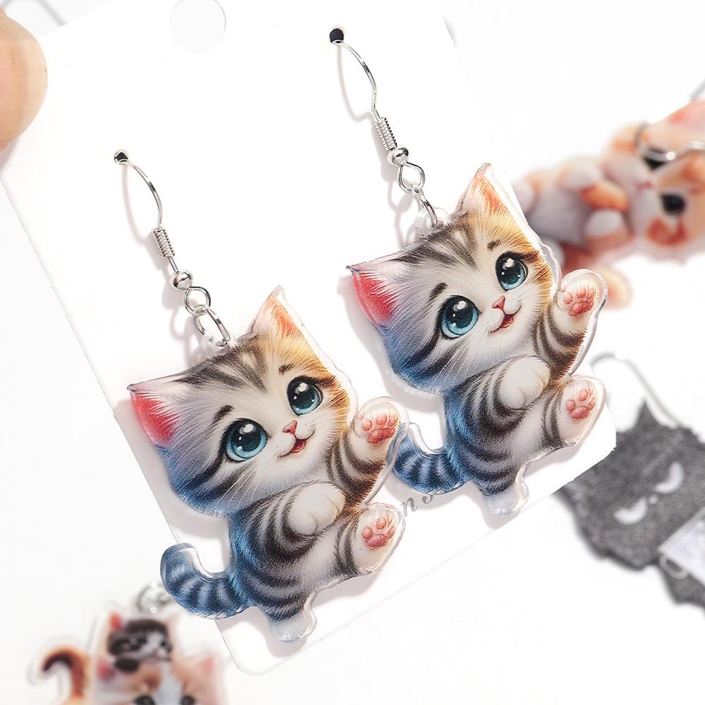 Cute 2D Flat Cat Acrylic Print Earrings for Women Funny Creative Pet Kitten Animals Drop Earring Lovely Jewelry Birthday Gifts