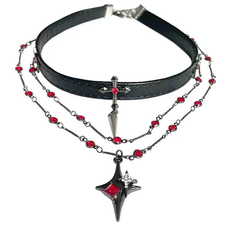 Punk Dark Black Cross Stars Pendant Necklace for Women Men Hiphop Cool Red Crystal Leather Choker Necklace Party Jewelry Gifts