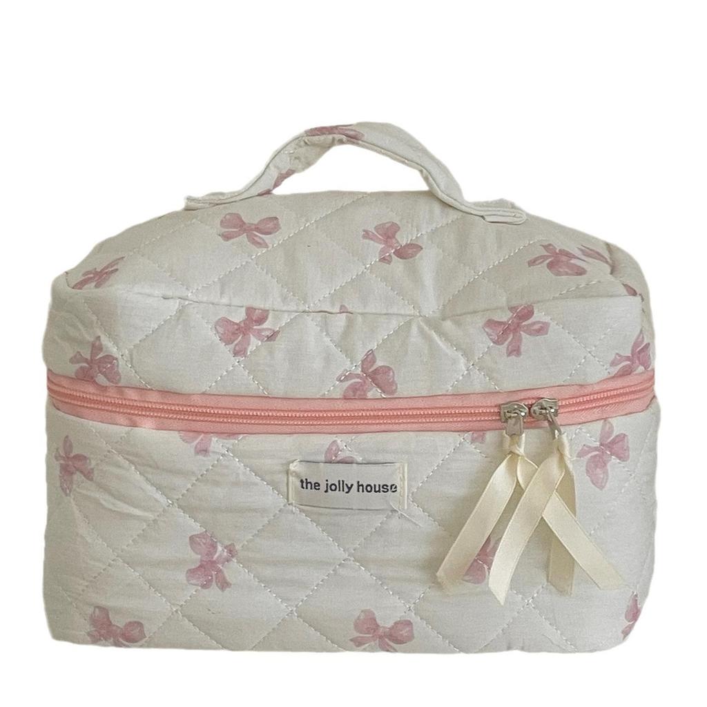 Kosmetiktasche mit blauer und rosa Satinschleife – tragbar und mit großem Fassungsvermögen für Studenten, kleines, frisches Design