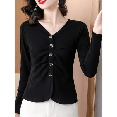 Autumn Solid Color V-neck Long-sleeved T-shirt Women's Foreign Style Waist Temperament Thin Small Top Women's T-shirt