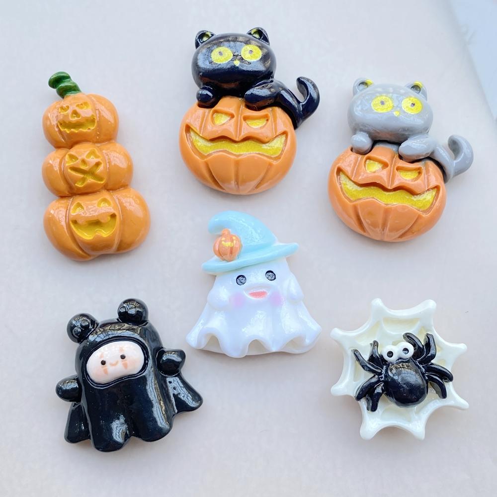 6Pcs New Cute Resin Cartoon Halloween Spiders, Pumpkins, Cats Series Flat Back Parts Embellishments For Hair Bows Accessories