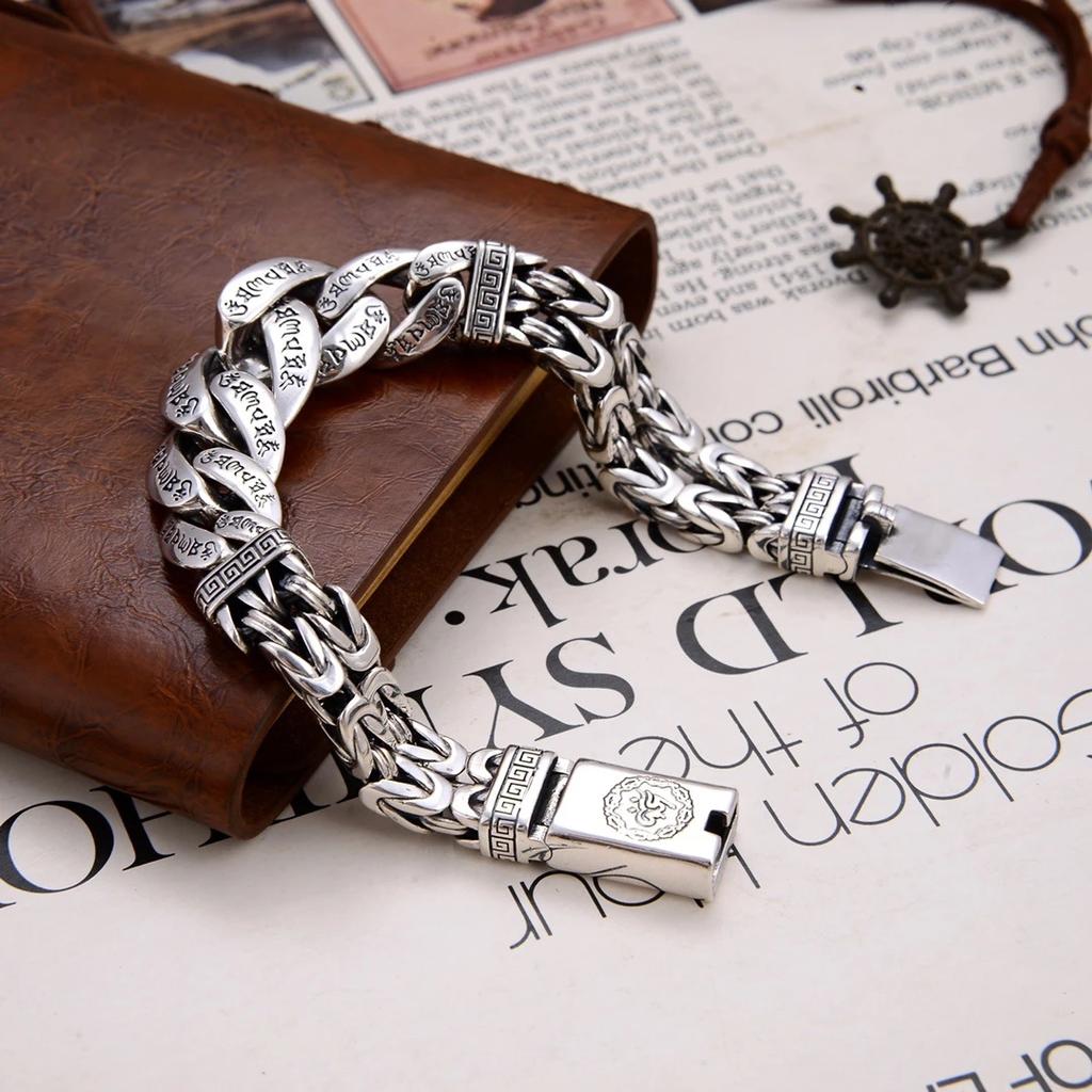 Bracelet tissé Mantra à Six caractères pour hommes, en argent thaïlandais S925, certifié Original, rétro, personnalité dominatrice, chaîne pour hommes