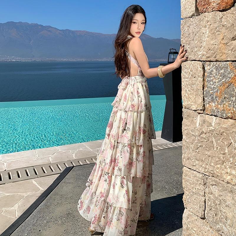 French Seaside Vacation Printed Neck Chiffon Cake Long Dress Women's Collar Waist Thin Dress Xia Xin