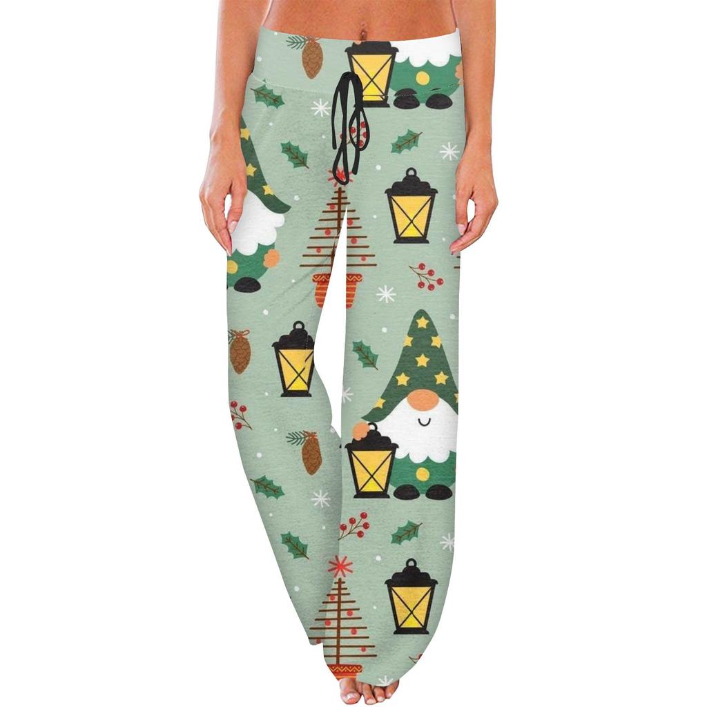 Bequeme Pyjamahose für Damen mit weihnachtlichem Aufdruck und weitem Bein und Kordelzug