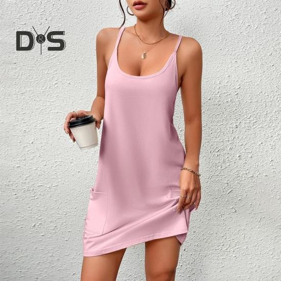 Damen Nachthemd Ärmelloses Chemise Pyjamakleid Spaghettiträger Racerback Tankkleid mit Taschen Sommer Lockere Nachtwäsche