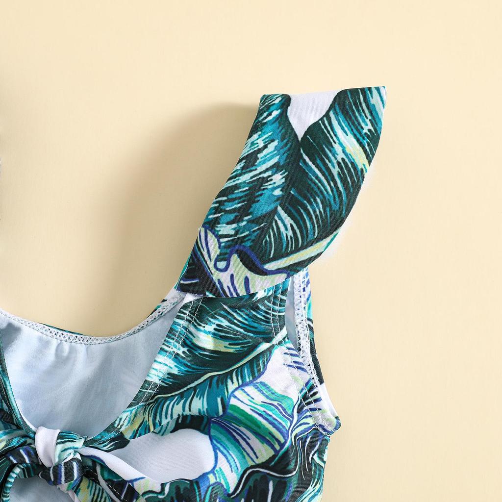 Girls' Green Leaf Print Two-Piece Bikini Set with Sun Protection