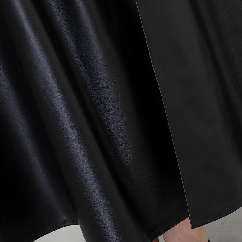 Genuine Leather A-Line High Waist Skirt for Women - Spring/Autumn Sheepskin Umbrella Skirt