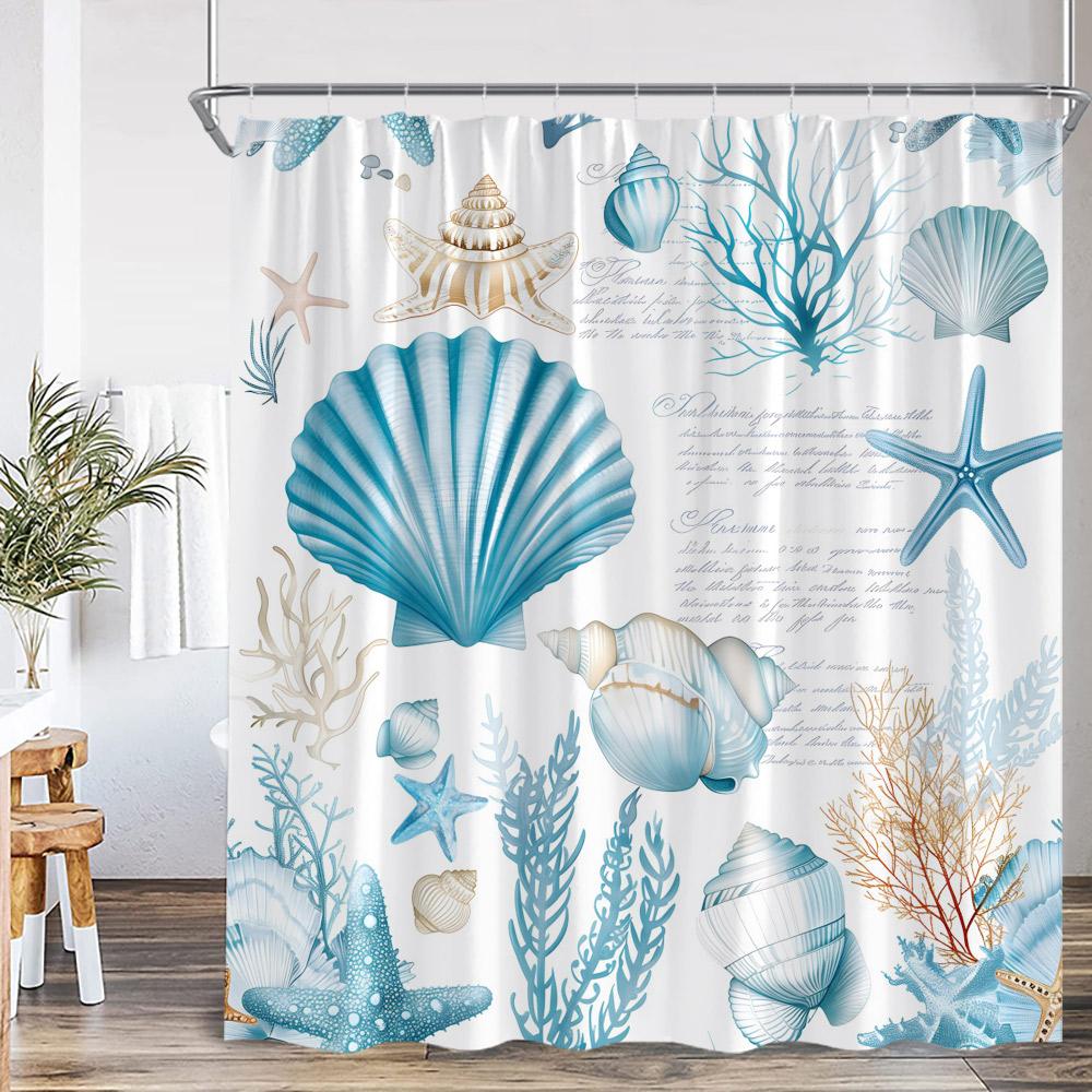 Nautical Sea Blue Shower Curtain Seashell Coral Seafish Seaweed Rudder Conch Ocean Bathroom Decoration Polyester Bathtub Curtain