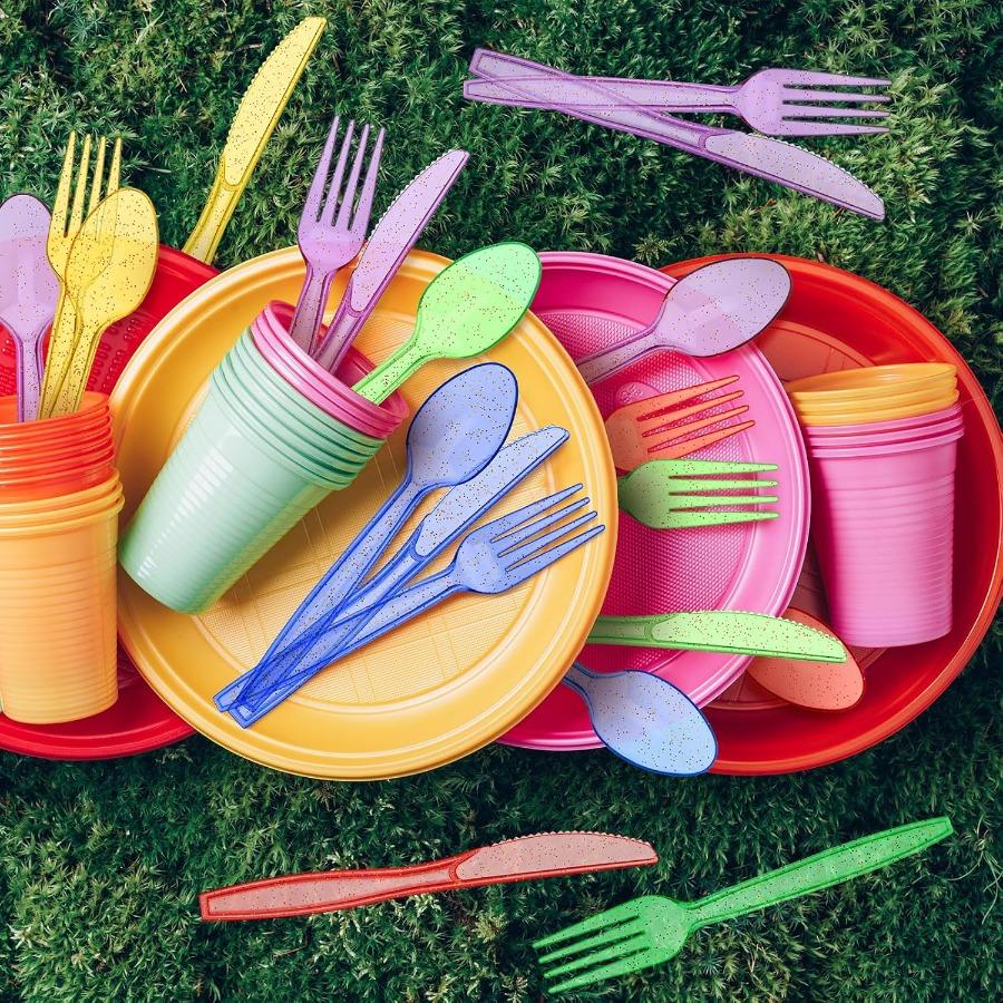 180 Pieces Glitter Plastic Silverware Set Disposable Clear Plastic Cutlery Flatware for Party 60 Knives 60 Spoons 60 Fork for P