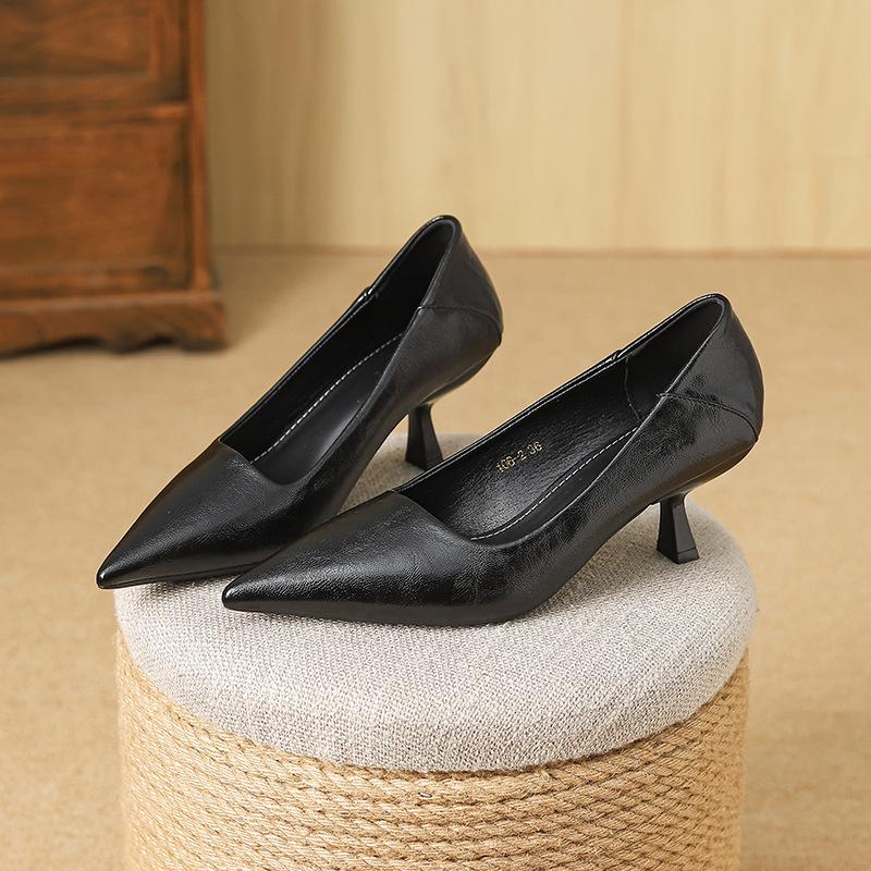 106-2 Pointed Head Shallow Mouth Single Shoes 2025 New Spring Soft Leather Thin Heel Black Professional Work Women's Shoes