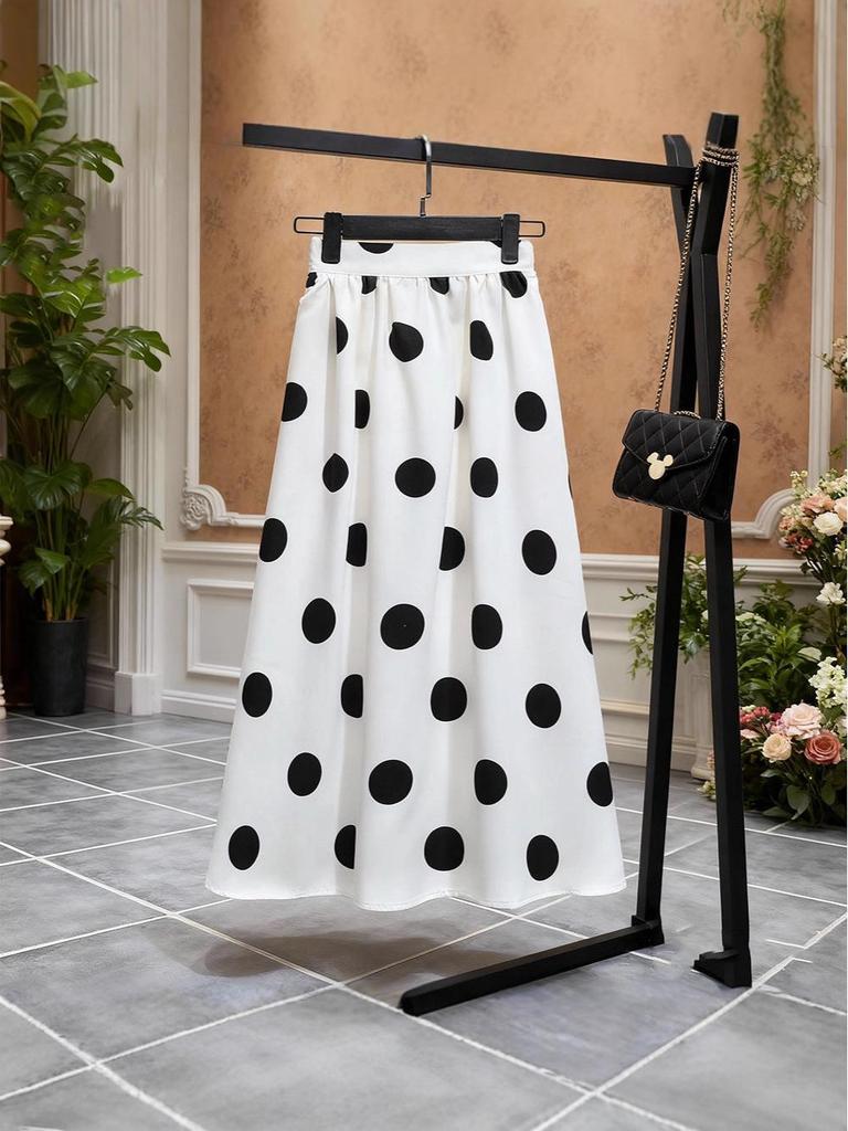 High-Waist French Polka Dot A-Line Midi Skirt with Drape for Women
