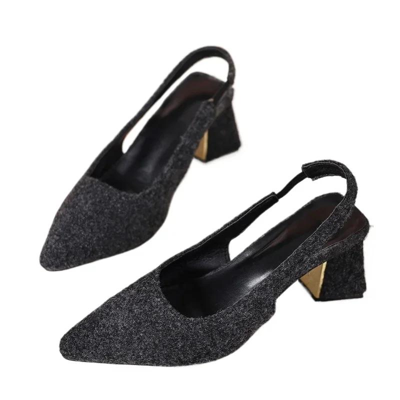Fashion Women's High Heels 2025 New Fashion Pointed Toe Shallow Chunky Heels Classic Outdoors Concise Slingbacks Shoes for Sandals
