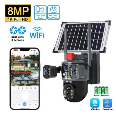 8MP V380 Pro Solar Powered Multi-Lens 3 Screen Wireless WiFi Surveillance PTZ Camera 4K Outdoor Security 4G Sim Card Solar CCTV Camera