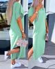 Women's Solid-Color Short-Sleeve Round-Neck Split-Hem Dress for Summer and Fall
