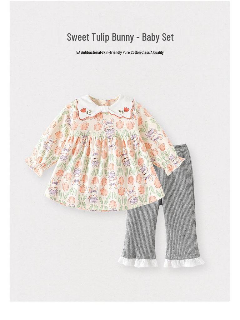 Girls' Floral Print Cotton Two-Piece Set - Long Sleeve Top & Pants for Spring/Autumn