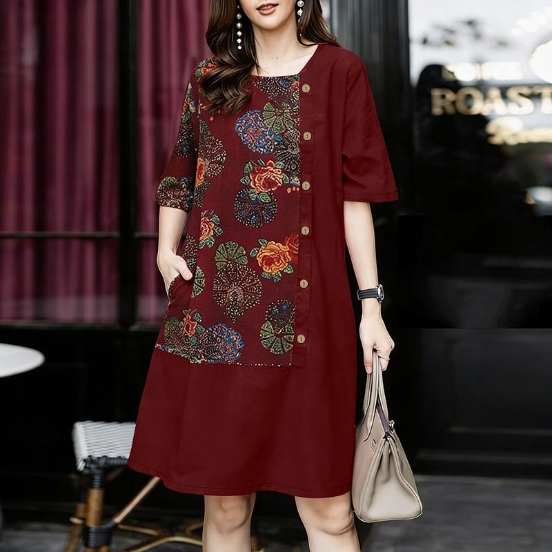 

ZANZEA Women Casual Round Neck Short Sleeve Retro Print Dress 5XL червоний
