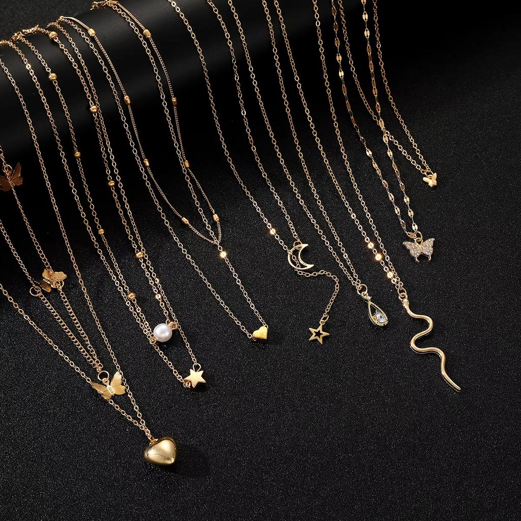 9 Pcs Multi-layered Gold Color Necklace Set for Women Fashion Zircon Heart Butterfly Star Moon Snake Pendant Necklaces Set