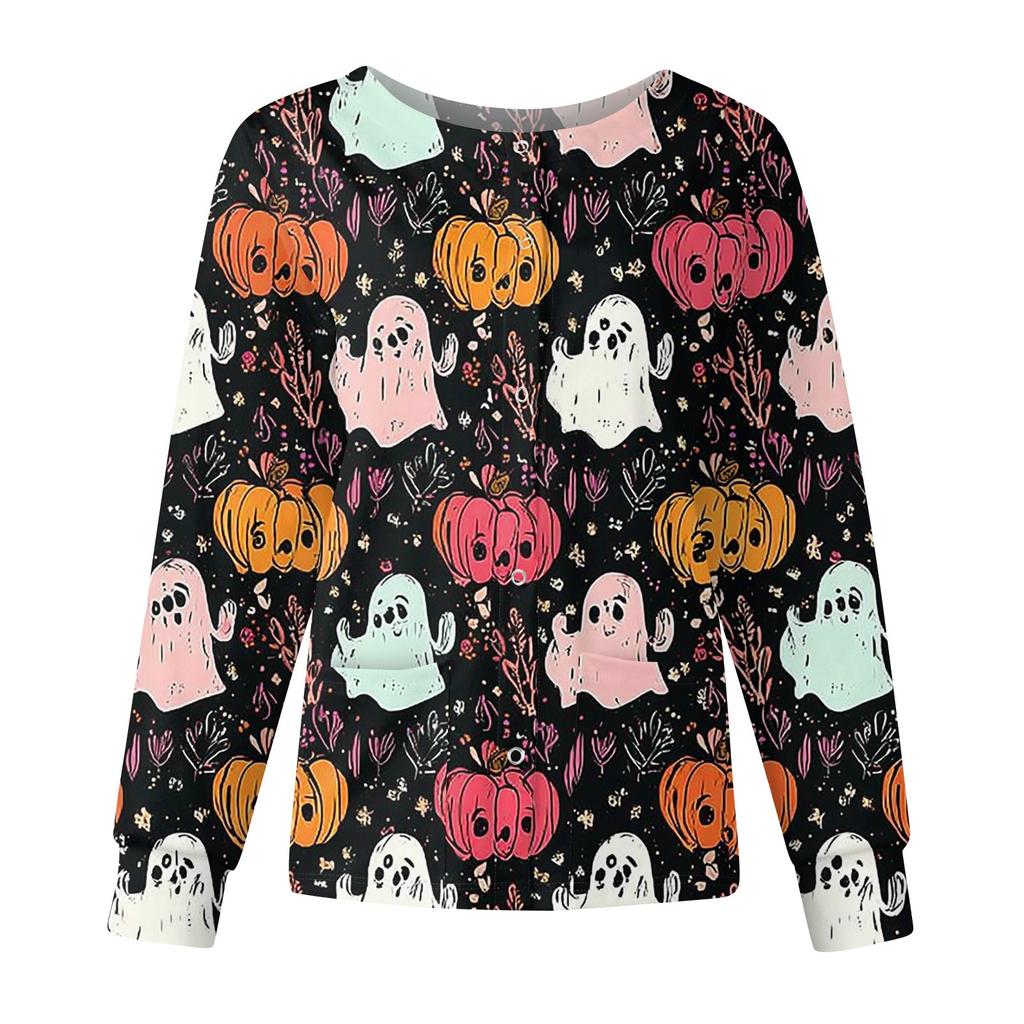 Women's Casual Fashion Long Sleeve Standing Collar Single Breasted Halloween Printed Workwear Jacket Tops