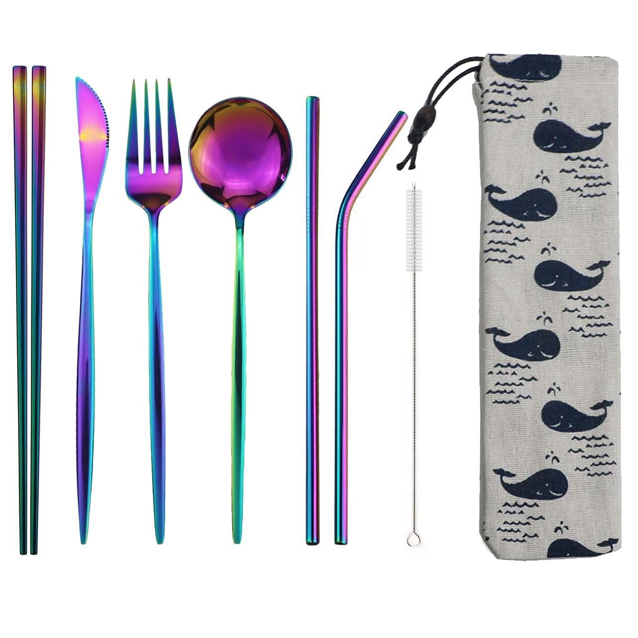 

8 шт., набор столовых приборов, портативный дорожный синий набор столовых приборов, нож из нержавеющей стали 304, вилка, ложка, палочки для еды, соломенное серебро с чехлом разноцветный