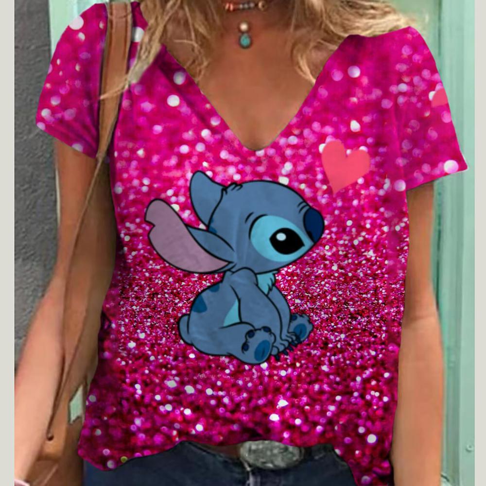 

Літня нова модна жіноча футболка Lilo&Stitch повсякденна коротка футболка Harajuku 3D друкована модна футболка V-подібним вирізом вулична вільна футболка великого розміру L