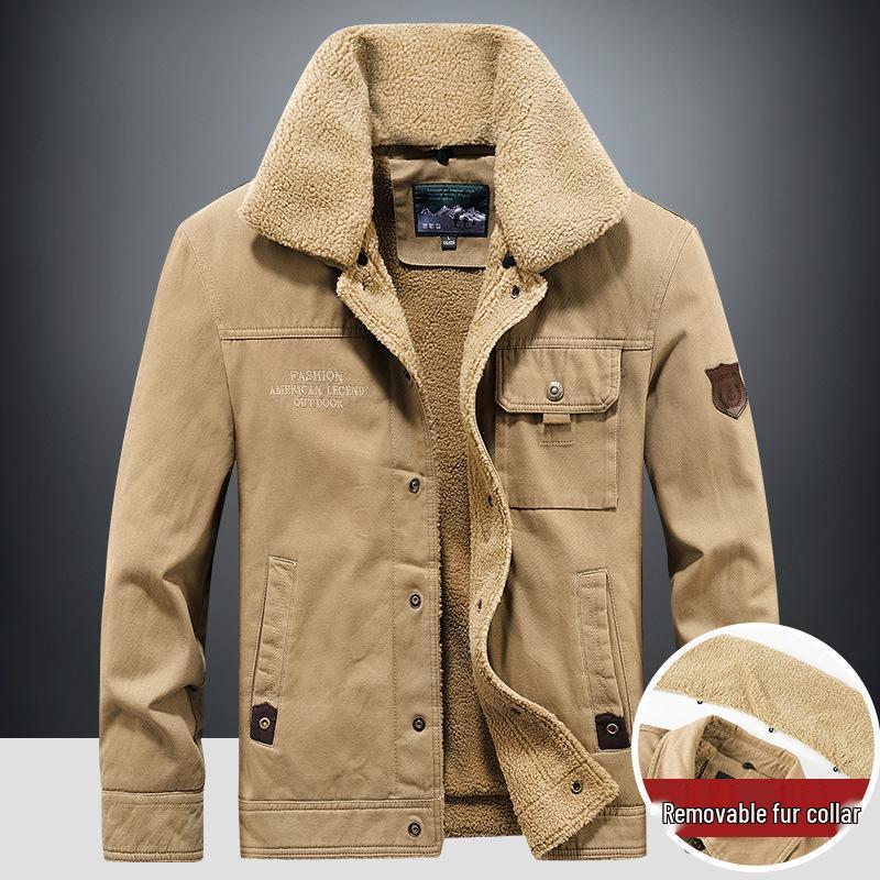

Men s Winter Velvet Denim Pilot Jacket - Plus Size, Loose Fit, Cotton Workwear for Autumn. XL хакі