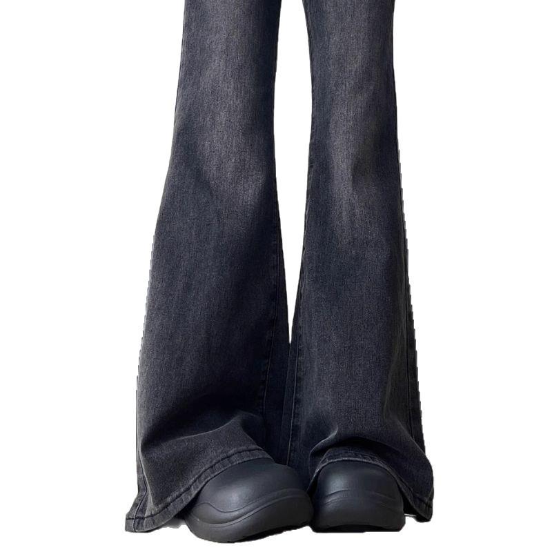 Women's High-Waisted Micro-Flare Plus Size Jeans - Autumn Style for Chubby Girls with Slimming Loose Wide-Leg Bell Bottoms in Black and Gray.