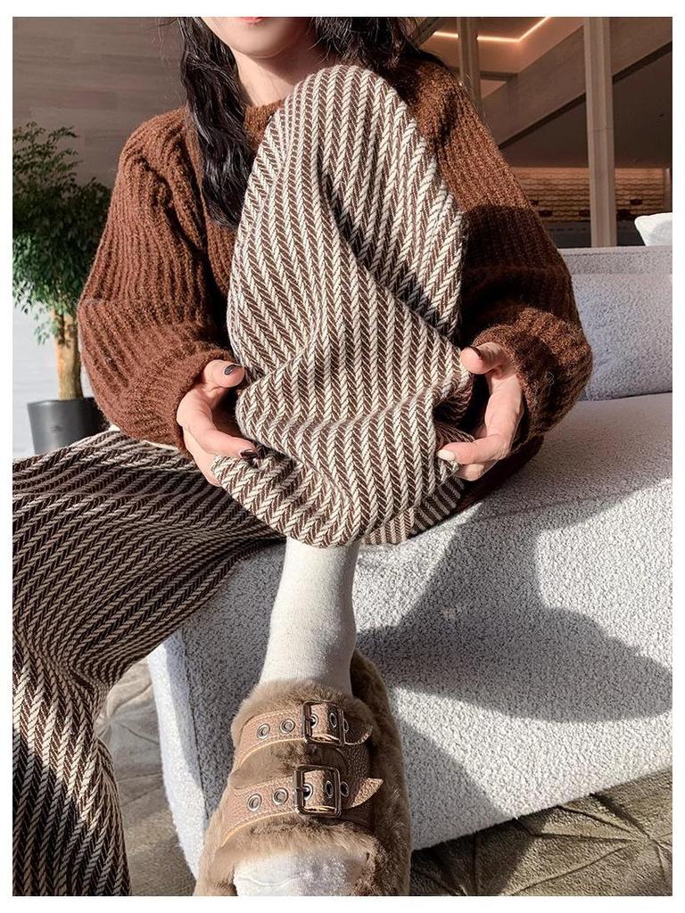 Striped Woolen Drawstring Wide-Leg Pants for Women – High Waist Black & White, Petite 150, XS, Autumn/Winter Casual.