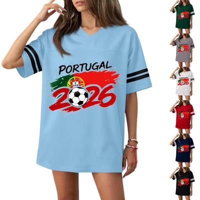 Damen Freizeit V-Ausschnitt Kurzarm Fußballtrikot Top mit Flaggenaufdruck und 2026 Fußball-Grafik für Sport und Freizeit