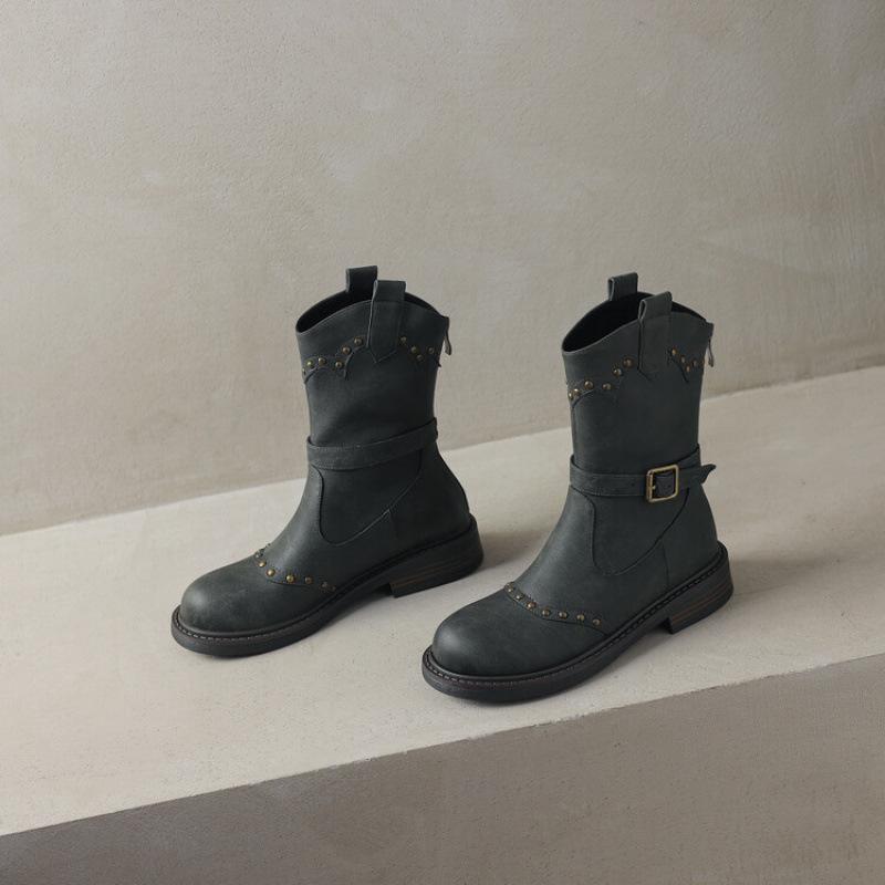 

Autumn and winter new low-heeled knight boots rear zipper platform women s boots non-slip square heel leather boots Korean version medium boots women 39 темно-зелений колір