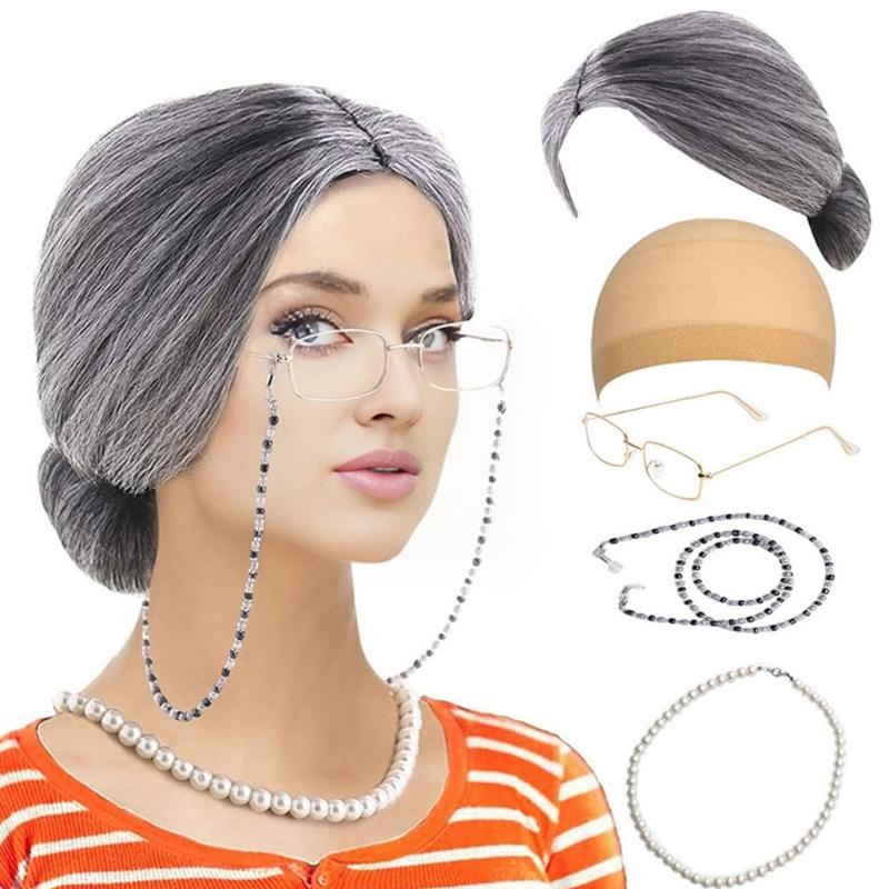 100 Tage Schule Cosplay Kostüm Set für Kinder Alte Dame Kostüm Zubehör Falsche Perlen Halskette Brille Perücken Haarnetz
