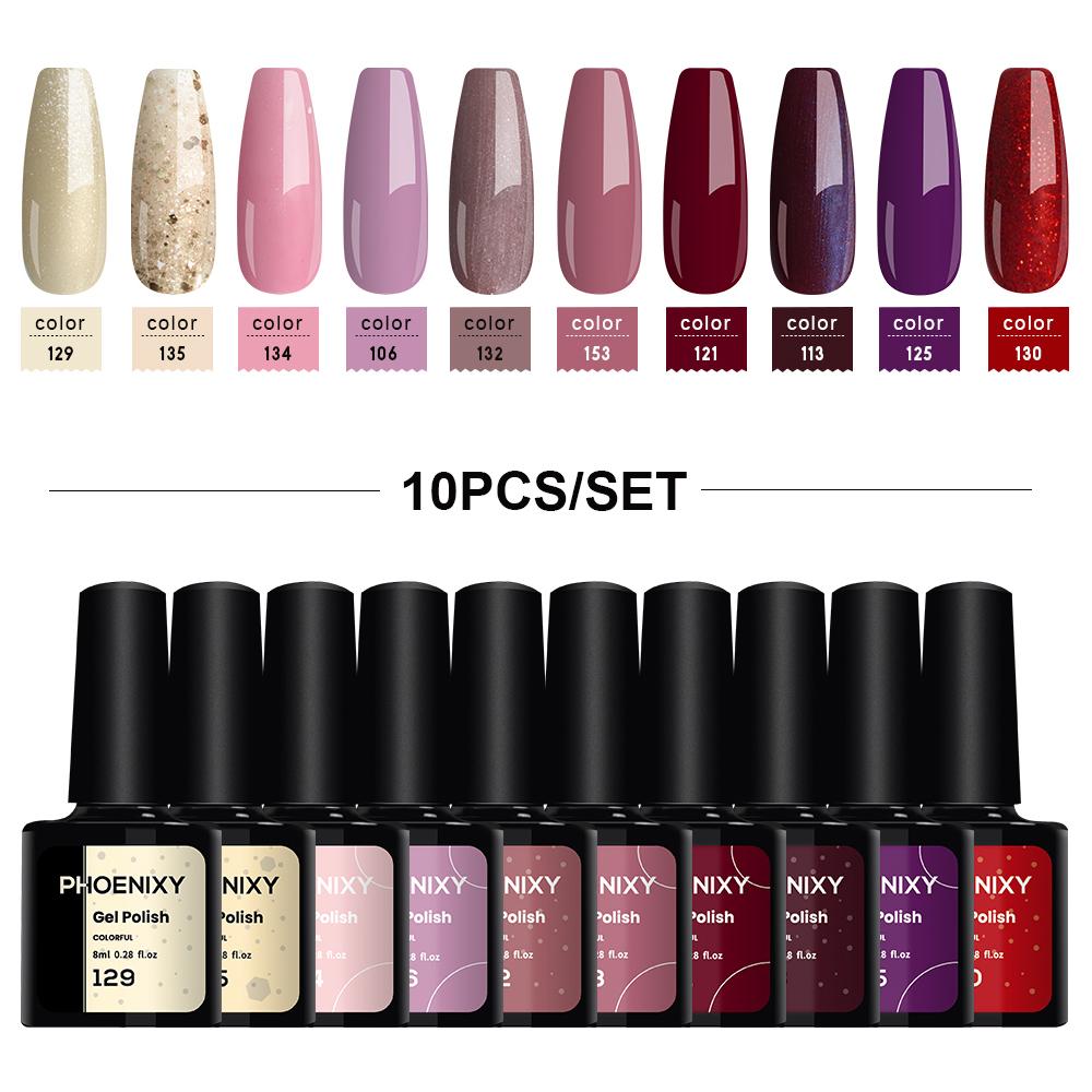 PHOENIXY 10Pcs/Set Mutilcolor Gel Polish Set Glitter Semi-Permanent UV Gel Nail Polish Hybrid Varnish Nail Gel For Nails Manciure Design