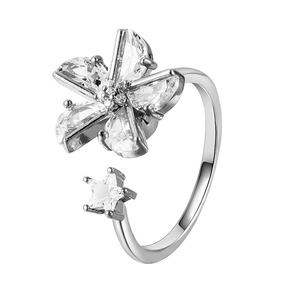 Zircon Rotatable Ring Adjustable Crystal Flower Ring Fashion Jewelry Flower Opening Ring For Girls серебряный