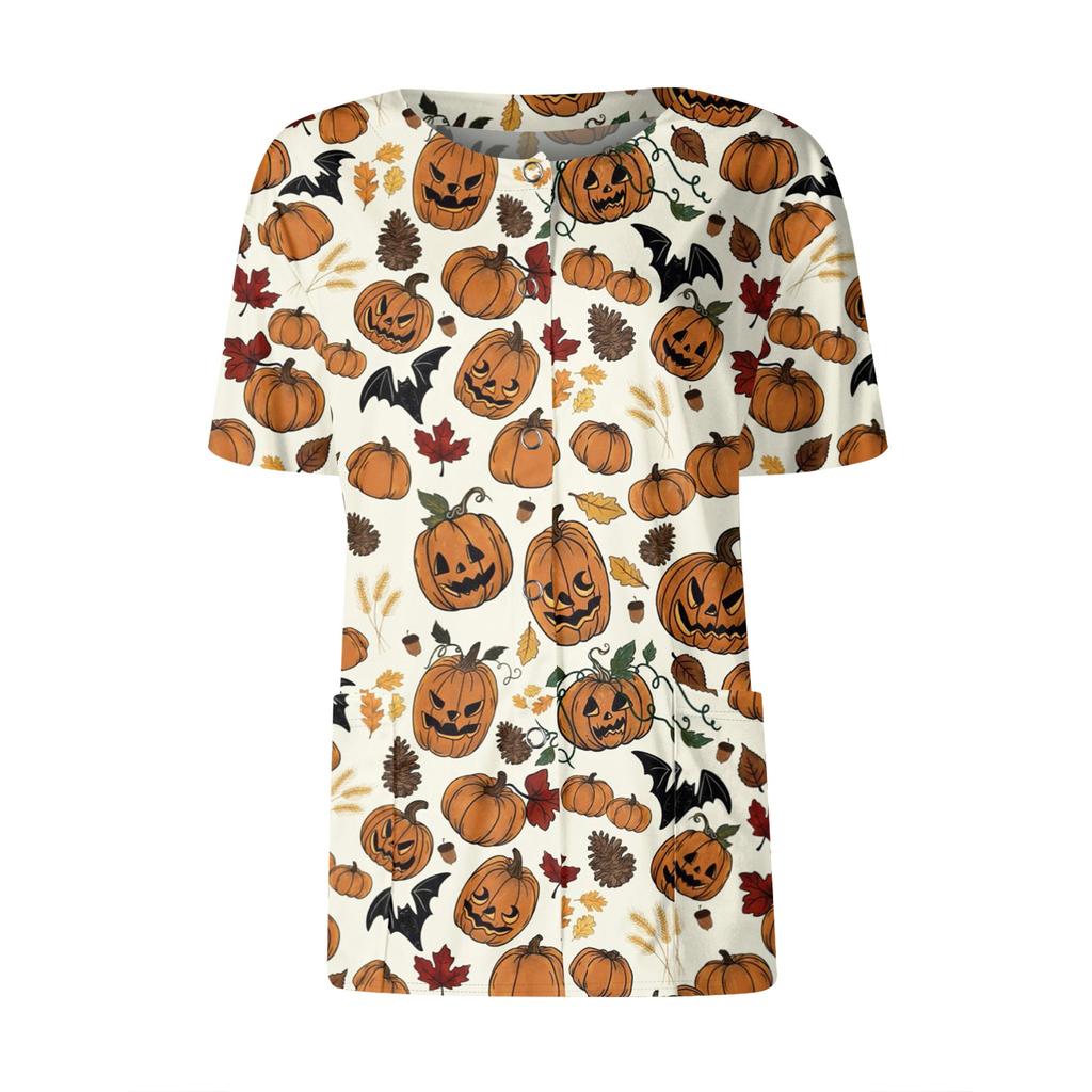 Women's Short Sleeved Patterned Pockets, Work Print Stand Up Collar, Single Breasted Protective Clothing, Cardigan Jacket, Top