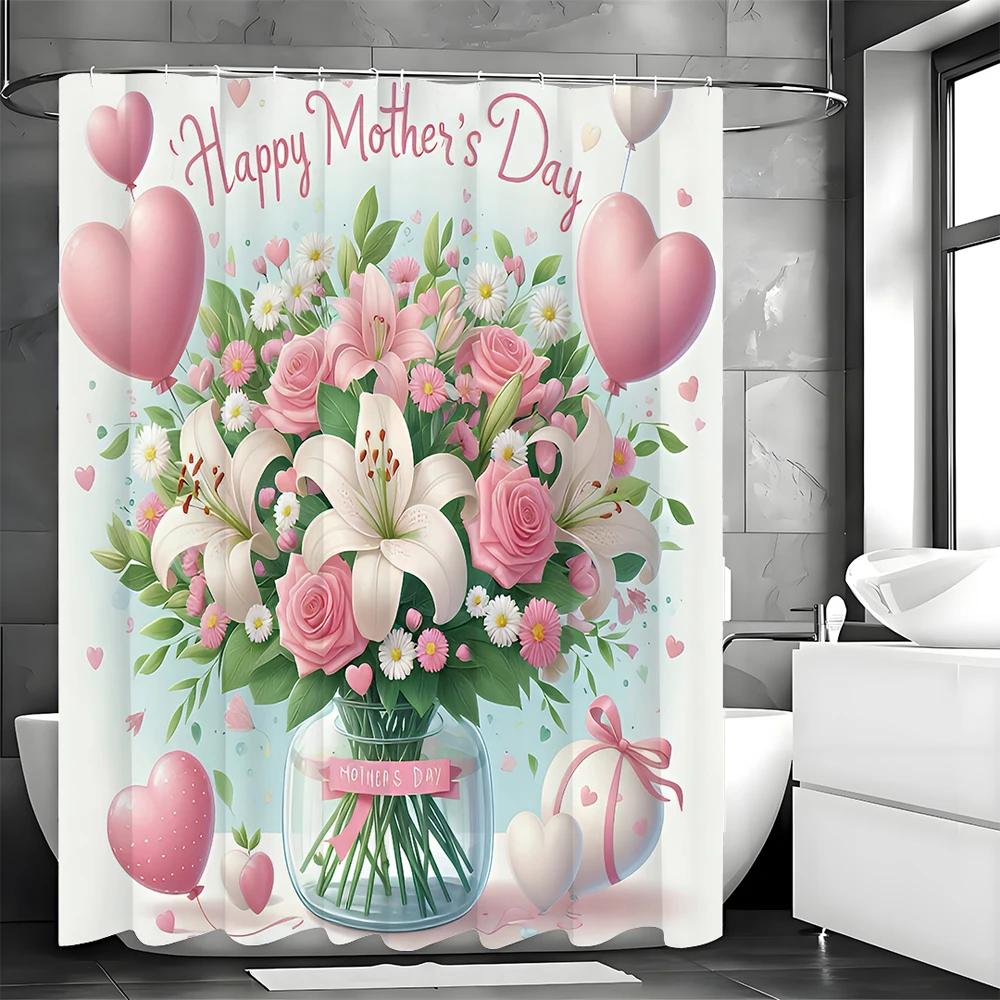 Mother's Day Lily and Rose Bouquet Love Shower Curtain, Bathroom Decorative Shower Curtain, Waterproof Shower Curtain with Hooks