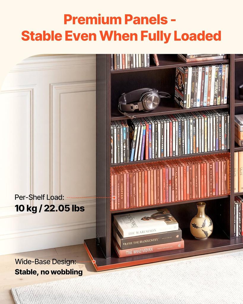 Media Storage Cabinet, 8-Tier DVD Shelf Organizer, 142 X 22 X 130 Cm Multimedia Storage Organizer for CDs, DVDs, Books & Games, CD Shelf for Living