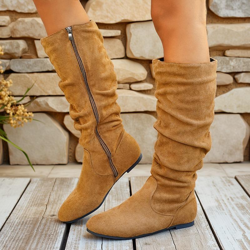 High Stack Boots Autumn New Pointed Toe Side Zipper Soft Sole Non-Slip Wear-Resistant Pleated Low Heel Shoes