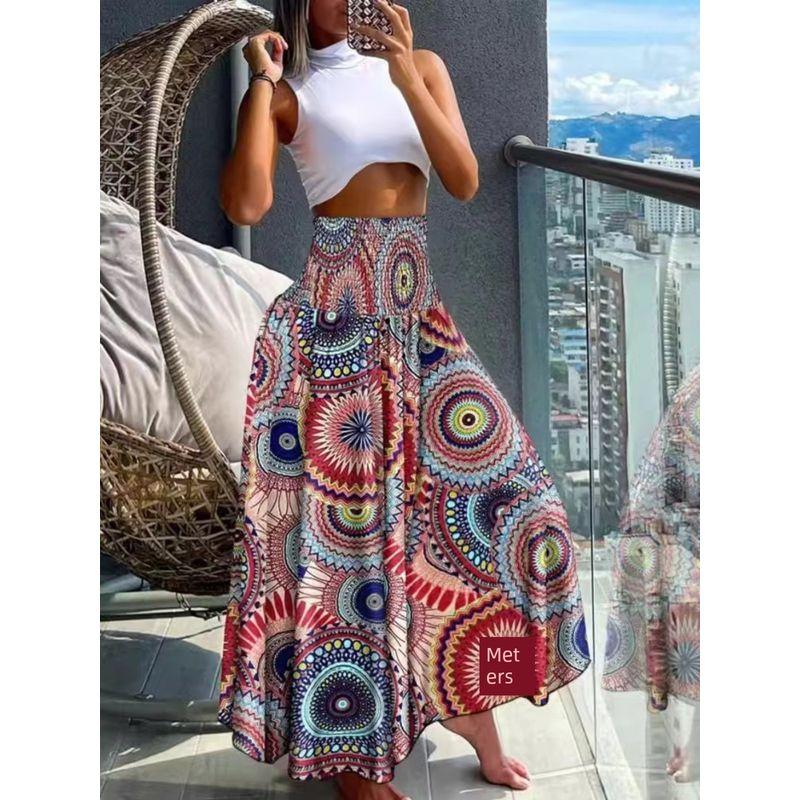 Bohemia Style Plus Size Women's Elastic High Waist Fashion Leaves Geometric Pattern Fashion Skirt Beach Dress