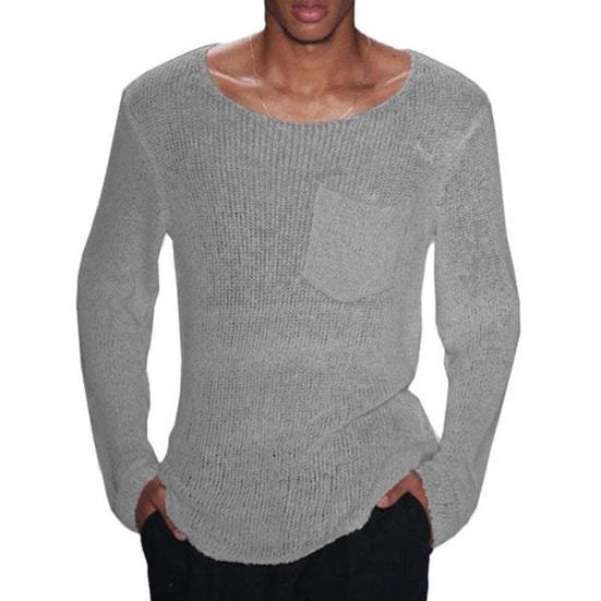 Men O-Neck Long Sleeve Knitting Sweater Solid Color Hollow Out Casual Pullover Sweater