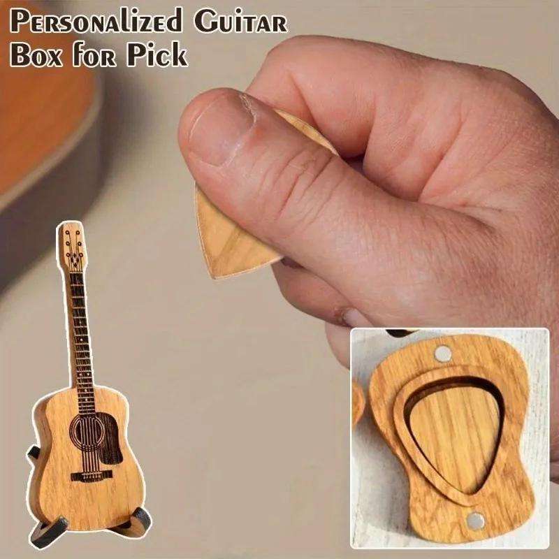 Guitar Pick Holder Wooden Acoustic Guitar Pick Box with Stand Smooth Edge Portable Storage Container for Guitar Plectrum Case