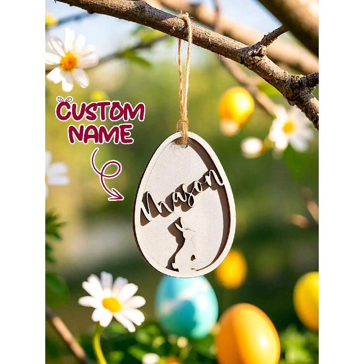 

Personalized Engraved Easter Egg Ornament Custom Name Bunny Wooden Hanging Decoration Handcrafted Gift for Home Spring Party White Color
