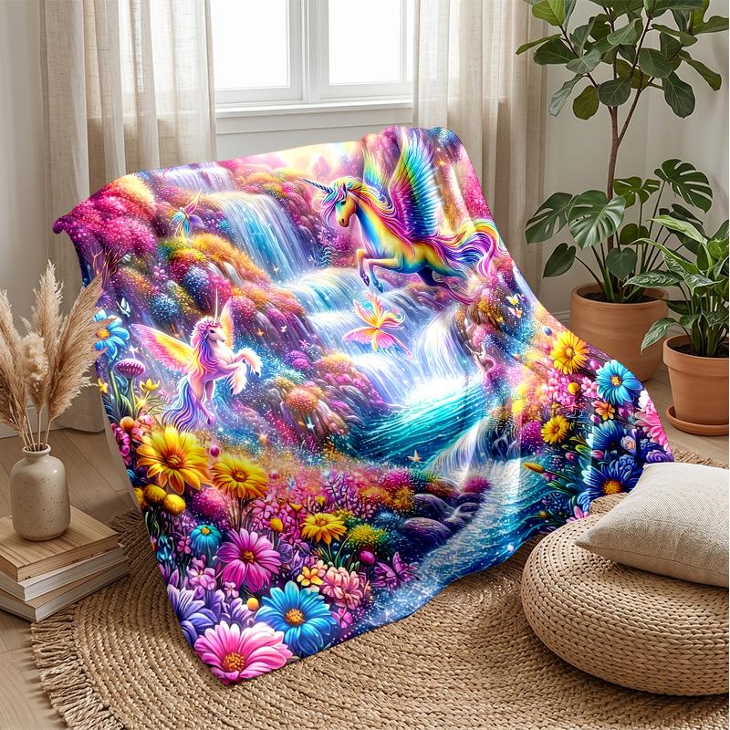 Magical Unicorn Among Flowers Theme Blanket Lightweight Warm Flannel Blanket Decorative Throw Blanket for Home Decoration
