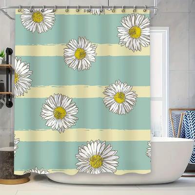 Chic Floral Print Shower Curtain with Yellow Stripe Bath Decor Luxury Waterproof Home Decoration Modern Bathroom Accessories F