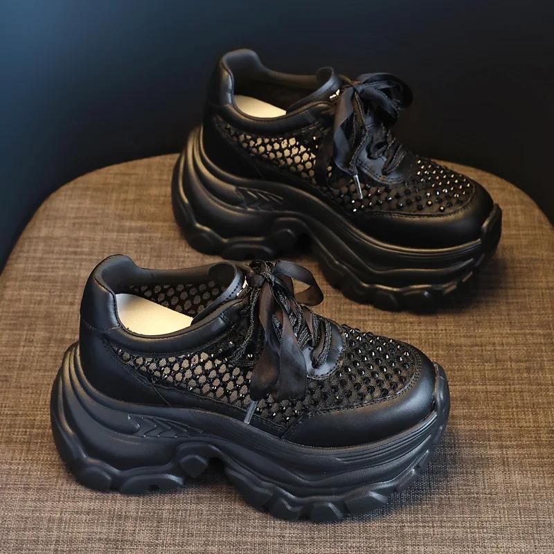 Fashion High Quality 9CM Air Mesh Microfiber Leather Summer Bling Bling Fashion Ankle Boots Hollow Chunky Sneaker Vulcanize Women Shoes